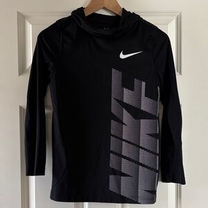 Nike Black Hooded Long-Sleeve Athletic Top with White Swoosh and Graphic